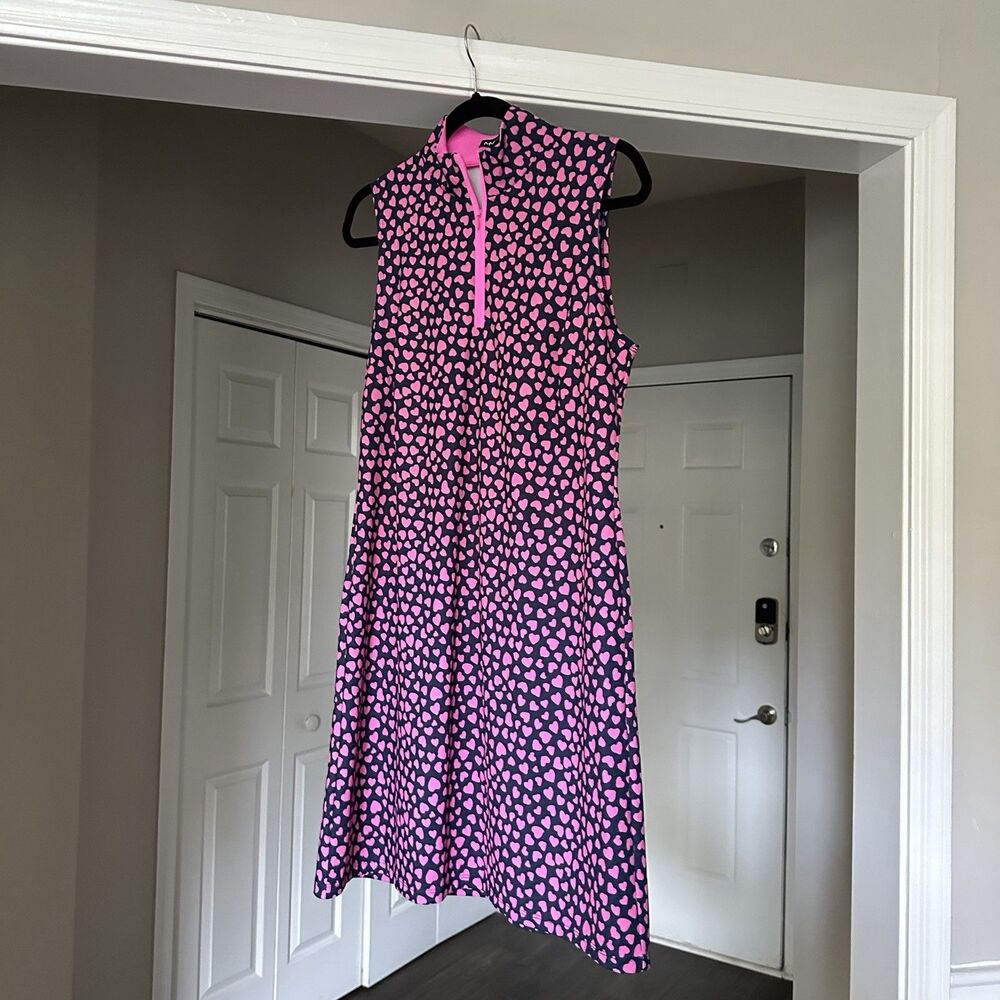 Melly M Delray Dress Women's Golf Activewear Navy Blue Pink Hearts Quarter Zip M